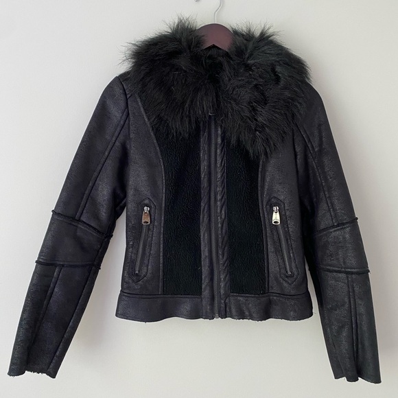 Via Spiga Black Leather Jacket with Faux Fur Collar - Picture 1 of 4